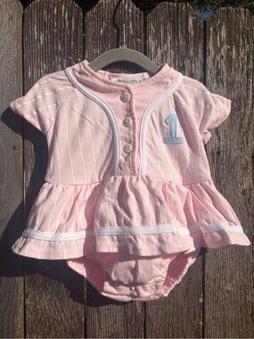 Vintage Y2K Baby Girl Baseball Dress Romper Pink Pinstripe Pastel One Piece